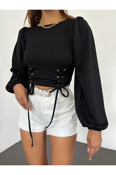 Fav Style Γυναικεία μπλούζα με μπαλόνι με μανίκια μέσης με δέσιμο με λεπτομέρειες Crop μαύρη
