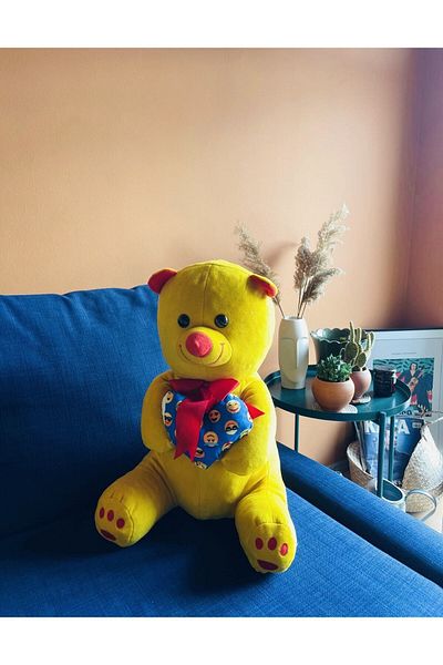 GELİNHOMES Yellow Teddy Bear 65 Cm - 100% Domestic Heart Emoji Themed Bow