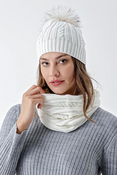 CHUBA Women's Hair Knitted Beret and Neck Collar Set Ecru 24W131