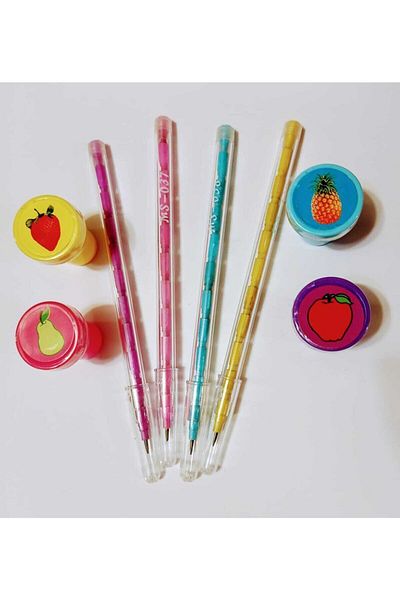Pippa Egg-laying Pencil Set of 4 and 4 Fruit Patterned Seal Heads