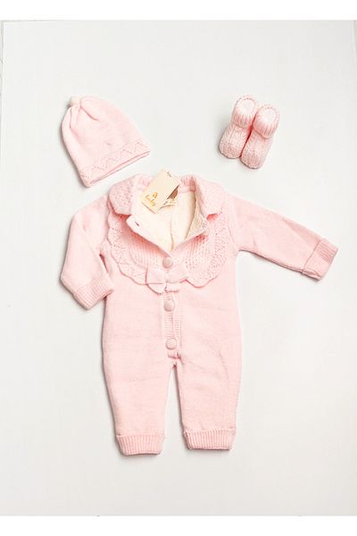 a baby Baby Jumpsuit Lamb Lined Lace Knit with booties and gloves