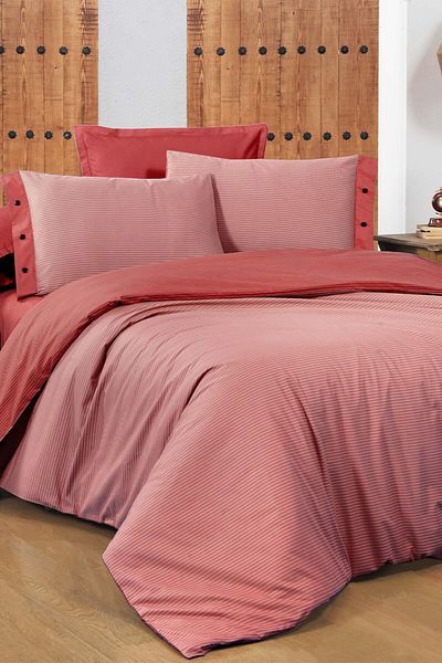 Sarev New Fancy Stripe Red Double 100% Cotton Striped Duvet Cover Set