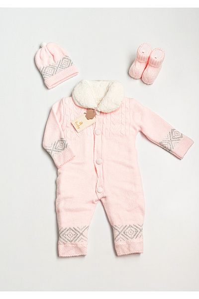 a baby Baby Jumpsuit Lamb Lined booties and gloves with pompom