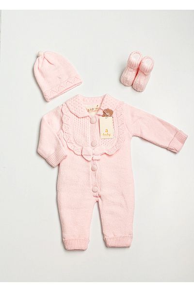 a baby Baby Jumpsuit Lamb Lined Lace Knit with booties and gloves