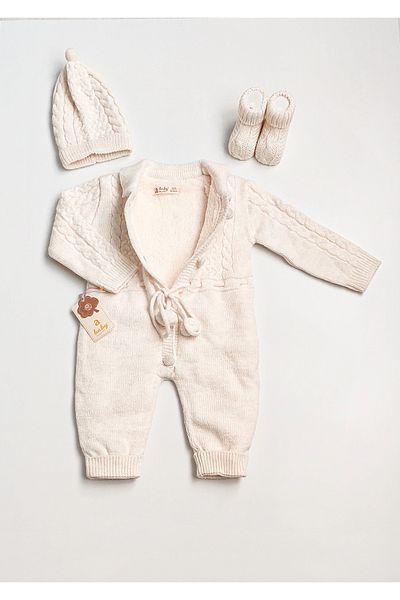 a baby Baby Jumpsuit Lamb Lined booties and gloves with pompom