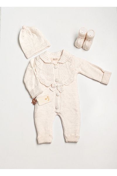 a baby Baby Jumpsuit Lamb Lined Lace Knit with booties and gloves