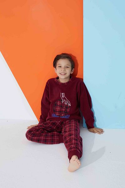 Tarık Men's Youth and Children's Plaid Patterned Long Sleeve Fleece Plush Fabric Winter Warm Pajama Set