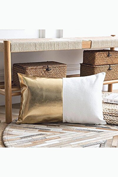 Bc Home Gold Deri Detaylı Krem Dikdörtgen Kırlent Kılıfı 35 x 60 cm