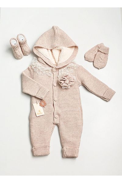 a baby Baby Jumpsuit Lamb Lined booties and gloves with pompom