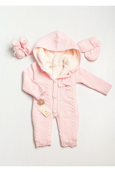a baby Baby Jumpsuit with Lamb Lining, Openwork Knit with Booties and Gloves