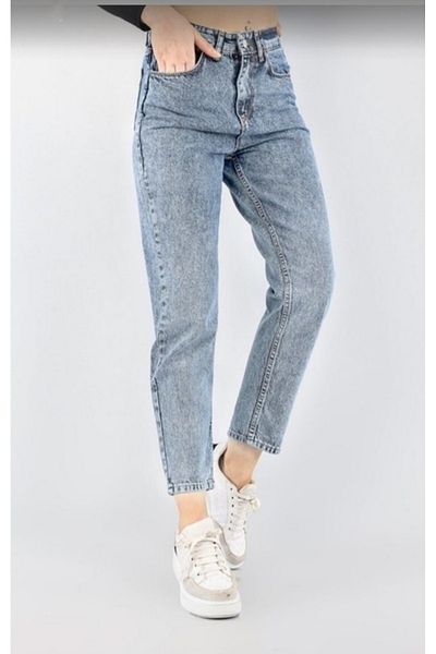 MAKRAS EXCLUSIVE Pantaloni de damă, albastru deschis, spălat cu zăpadă, denim cu talie înaltă, blugi mom