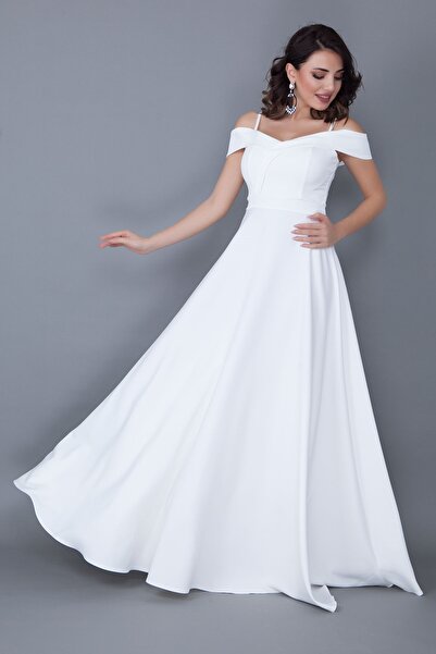 lovebox Βραδινό φόρεμα 342 με λουράκι χαμηλού ώμου με διπλό στήθος μάξι λαιμό, λευκό σε μέγεθος