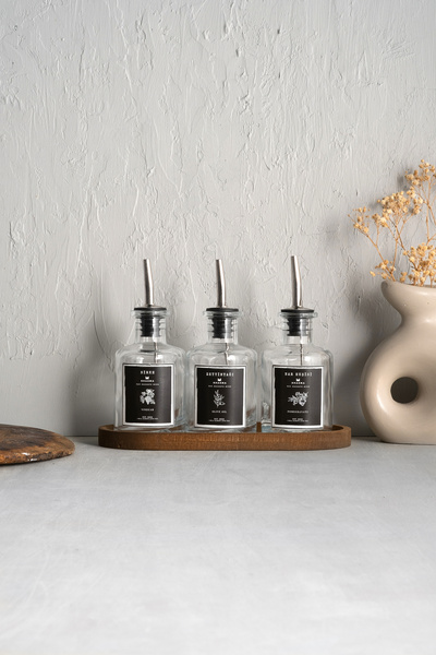 KHAKMA Transparent 3-Piece 250 ml Olive Oil Sauce Bowl Oil Pot Oil Bowl with Wooden Stand BLACK3LUGGLISH TRANSPARENT