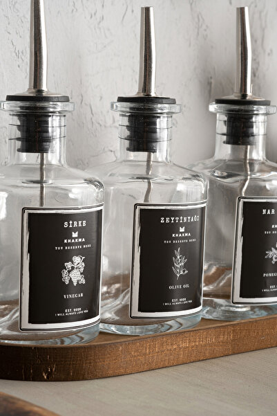 KHAKMA Transparent 3-Piece 250 ml Olive Oil Sauce Bowl Oil Pot Oil Bowl with Wooden Stand BLACK3LUGGLISH TRANSPARENT