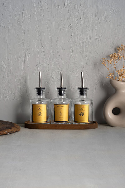 KHAKMA Transparent Gold with Wooden Stand 3-pack 250 ml Olive Oil Sauce Bowl Oil Pot Oil Bottle GOLD3LUGAGLISH TRANSPARENT