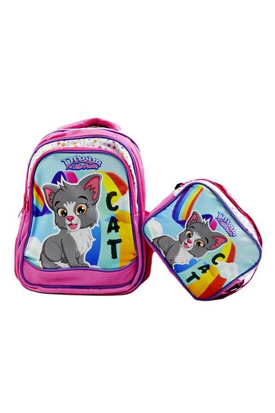 Sentor 3 Compartment Primary School School Backpack And Lunch Box Cat Pink
