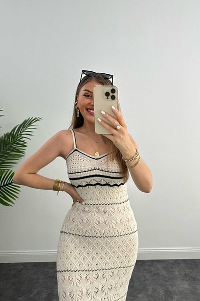 HARMONY GLOBAL Rochie neagră pentru femei, tricotată cu bretele, cu design ajurat