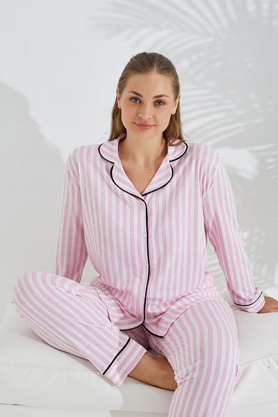 Siyah İnci Комплект памучна пижама с розови и бели ленти Curve Plus Size с копчета