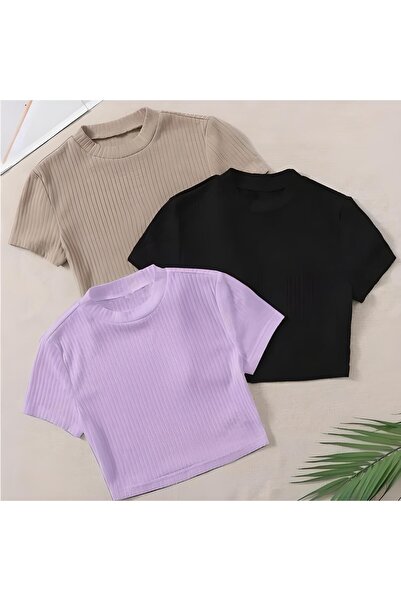 ÖZ PAMUK Γυναικείο 3 τεμάχιο ριμπ καμιζόλα λαιμόκοψης Crop BLUZZZ