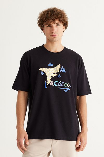 AC&Co / Altınyıldız Classics Ανδρικό μπλουζάκι με εμπριμέ λαιμόκοψη σε μαύρο Oversize Loose Cut
