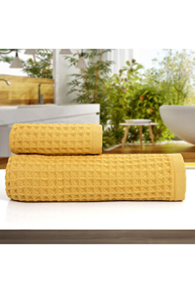 Arelina Textile مجموعة مناشف حمام مصنوعة من القطن العضوي بنسبة 100% بلون الخردل مقاس 30x30 + 45x90