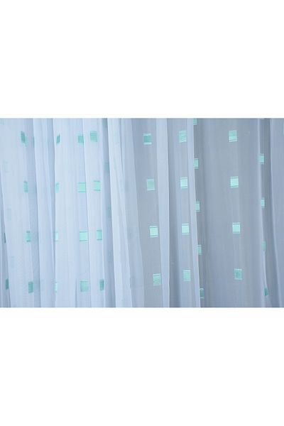 AKÇA TEKSTİL TERGAL GREEN CHECKED WHITE COLOR SINGLE WING Ready Planted Pleated Background Curtain 300*260 Cm