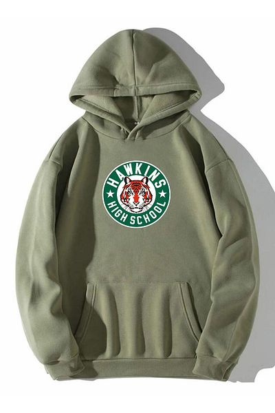 Buğraterzimoda High School Printed Unisex Καγκουρό με τσέπη με κουκούλα Χακί Φούτερ με κουκούλα