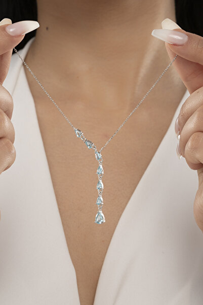 ESSARE 925 Ayar Gümüş Sıralı Damla Taşlı Aquamarin Kolye