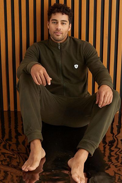Pijamaevi Khaki Front Zippered Long Sleeve Fleece Men's Pajama Set