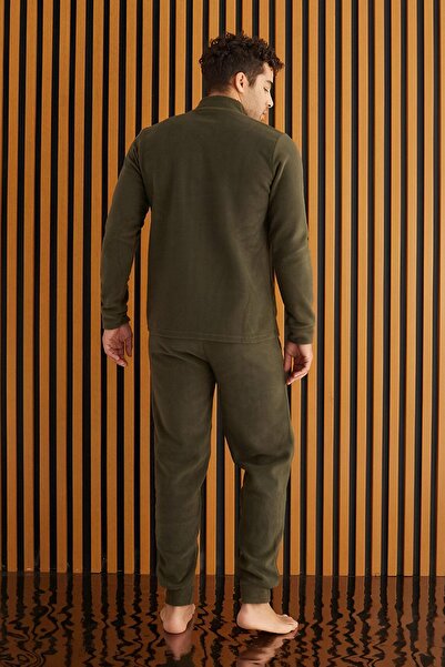 Pijamaevi Khaki Front Zippered Long Sleeve Fleece Men's Pajama Set