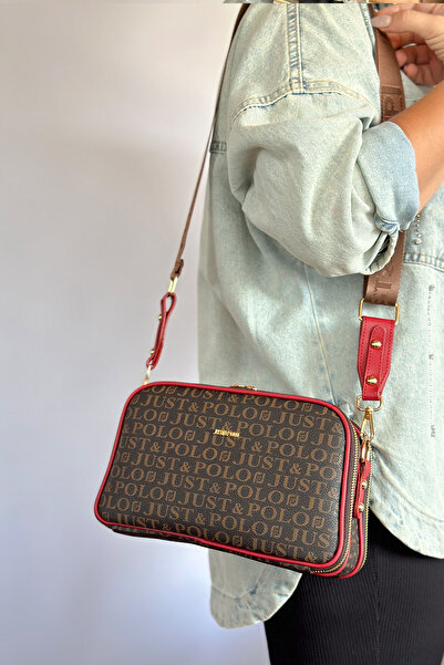Just Polo S2 Medium Size Red Combination Crossbody Women's Shoulder Bag - 5 Compartments 2053 Model