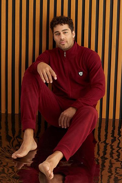 Pijamaevi Langärmeliges Fleece-Pyjama-Set für Herren in Weinrot mit Reißverschluss vorne