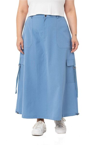 DISENTIS MODEST Large Size Skirt Tip Gather Detailed Parachute Long Blue Skirt