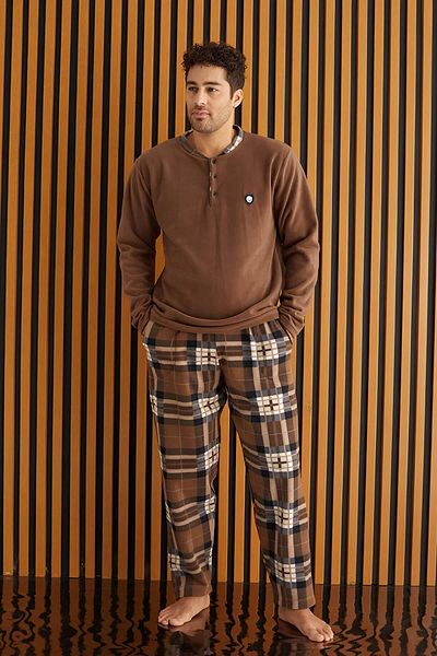 Pijamaevi Hnědý krémový kostkovaný vzorovaný fleece pánský pyžamový set