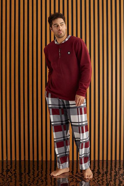 Pijamaevi Ανδρικό Σετ Πυτζάμα Claret Red and White με καρό Fleece
