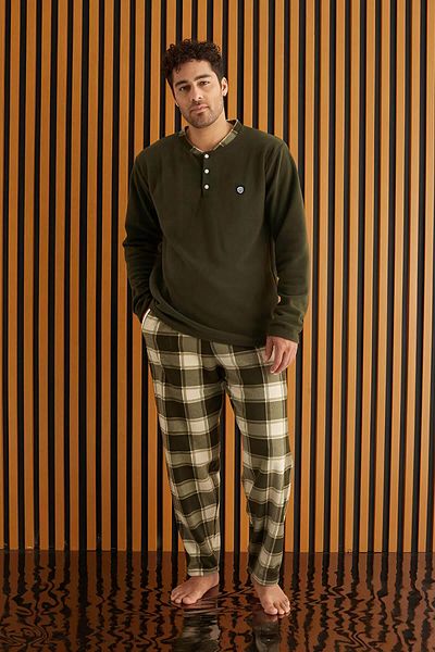 Pijamaevi Khaki Cream Plaid Patterned Fleece Men's Pajama Set