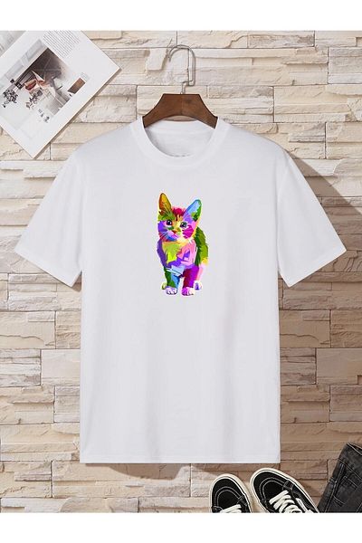 Pisa Art Unisex Oversize πολύχρωμο μπλουζάκι με στάμπα γάτας