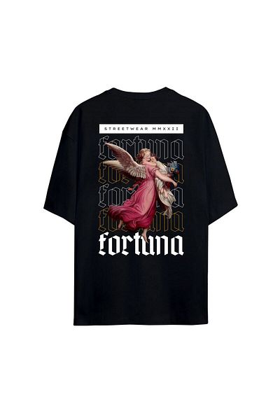Pisa Art Черна тениска с щампа Fortuna от 100% памук, голям размер, с щампа отзад и отпред