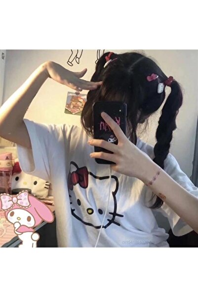 Genel Markalar Hello Kitty Baskılı Beyaz Unisex Oversize T-shirt