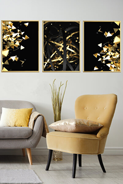 Linacci Triple Black Gold Glass Aluminum Frame Painting Poster Set