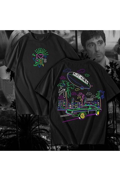 Pisa Art Vintage μπλουζάκι Los Angeles με στάμπα μπροστά πίσω μεγάλου μεγέθους