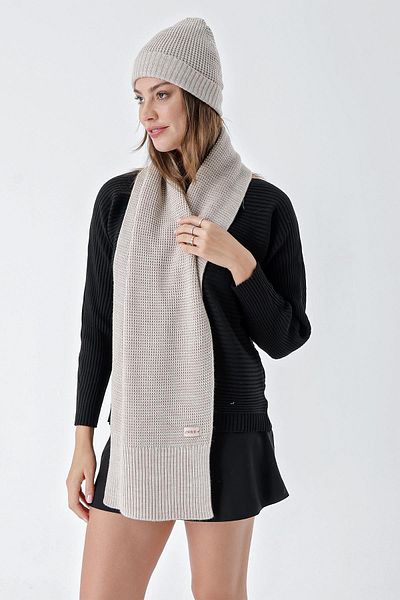 CHUBA Women's Soft Buttoned Knitted Detailed Scarf Beanie Set Beige 24W132