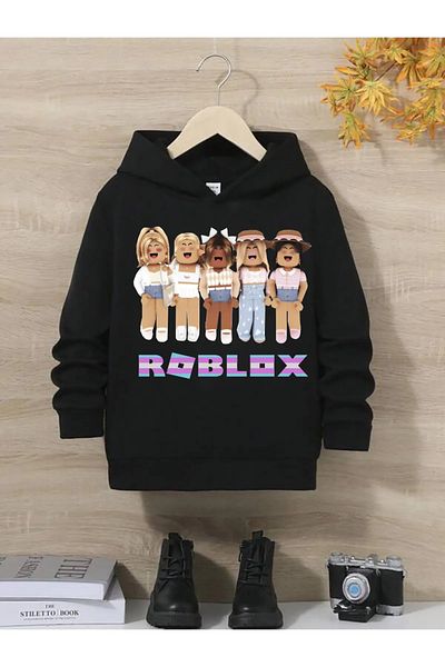 Daxia DAXIA Унисекс Roblox Дамски щампован детски черен суичър с качулка