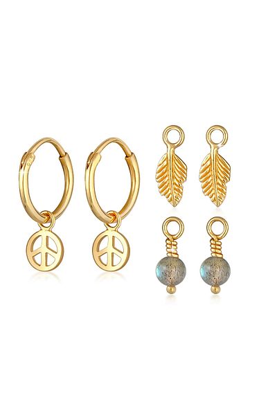 ELLI Ohrringe Creolen 3-Set Hänger Peace Feder Boho 925 Silber