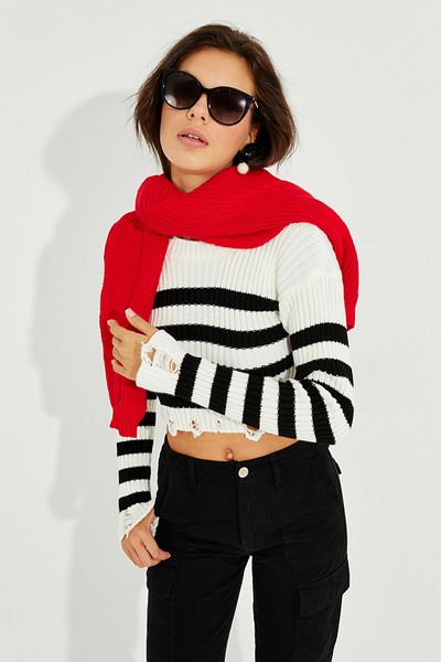 Cool & Sexy Women's Ecru-Black Striped Ripped Crop Sweater SF2200