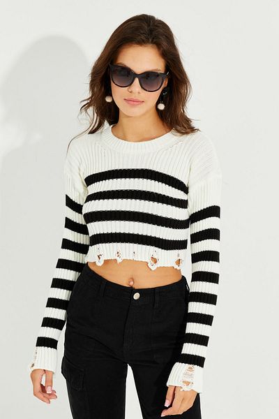 Cool & Sexy Women's Ecru-Black Striped Ripped Crop Sweater SF2200