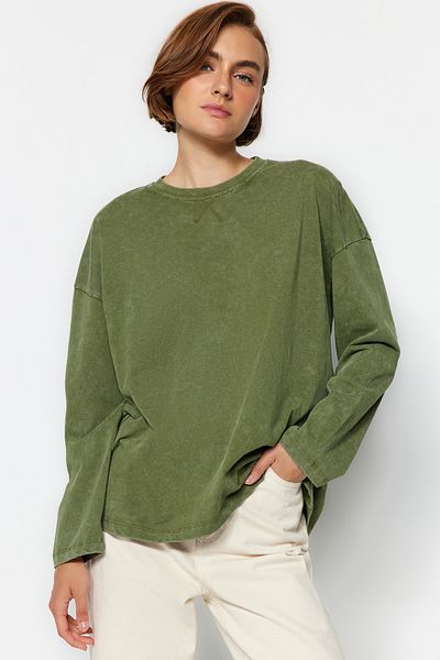 Trendyol Collection Starožitný khaki/vybledlý efekt Uvolněný/pohodlný střih Pletené tričko s dlouhým rukávem a dlouhým rukávem TWOAW24TS00006
