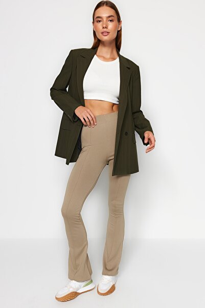 Trendyol Collection Norkový žebrovaný elastický pas/španělská noha Pletené kalhoty s vysokým pasem TWOSS20PL0342