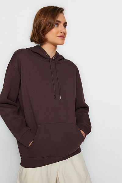 Trendyol Collection Тъмнокафяв плетен дебел суичър с джоб и качулка тип "кенгуру"