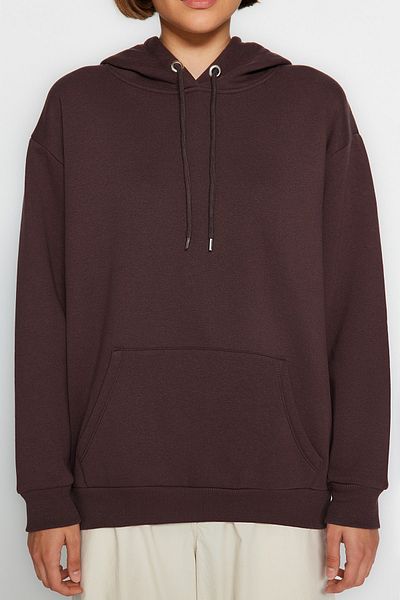 Trendyol Collection Тъмнокафяв плетен дебел суичър с джоб и качулка тип "кенгуру"